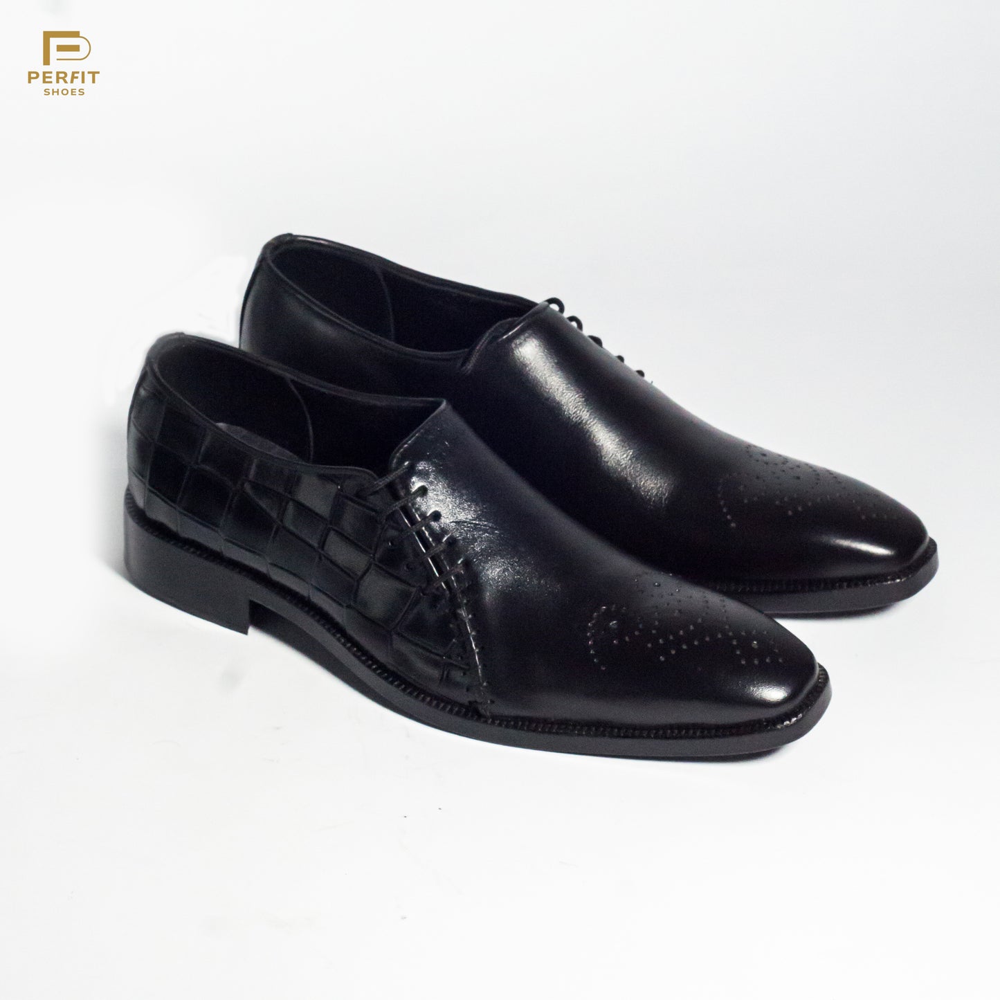Side laced quarter croco with leather sole # PF-1005-BLK